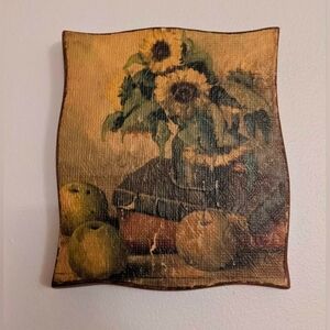Vintage Sunflowers, Apples Still Life Print. Canvas on Wood 8"H x 7"W